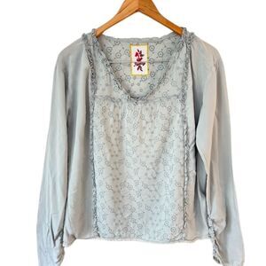 Replay Eyelet Cottagcore Peasant Top Sage Green Womens Sz M Bohemian Lightweight